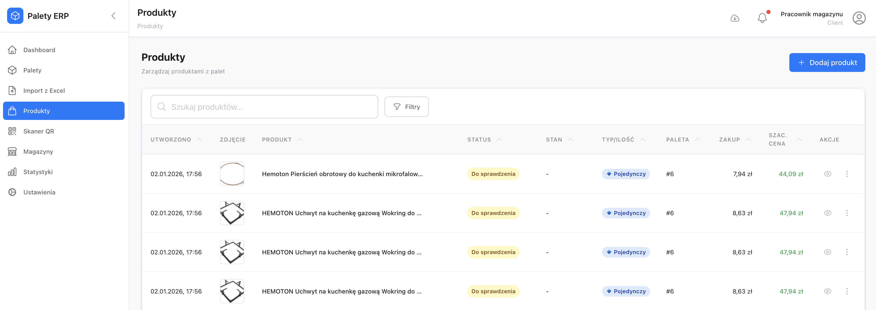 Widok listy produktów w Palety ERP